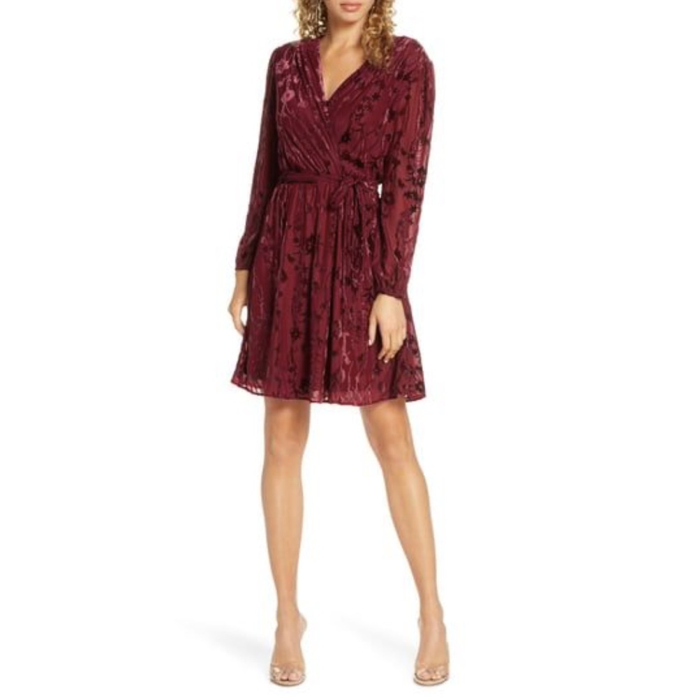 Fraiche by J Anna Burnout Velvet Faux Wrap Mini Dress - Raspberry